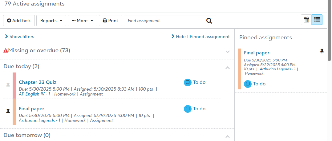 Student Assignment Center with Pinned assignments tray